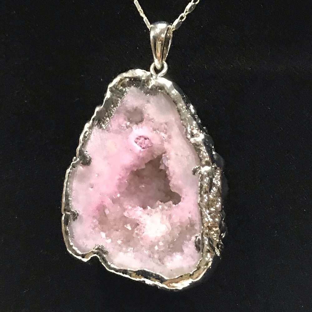 Natural Pink Druzy Quartz Pendant. 30” sterling silver chain.